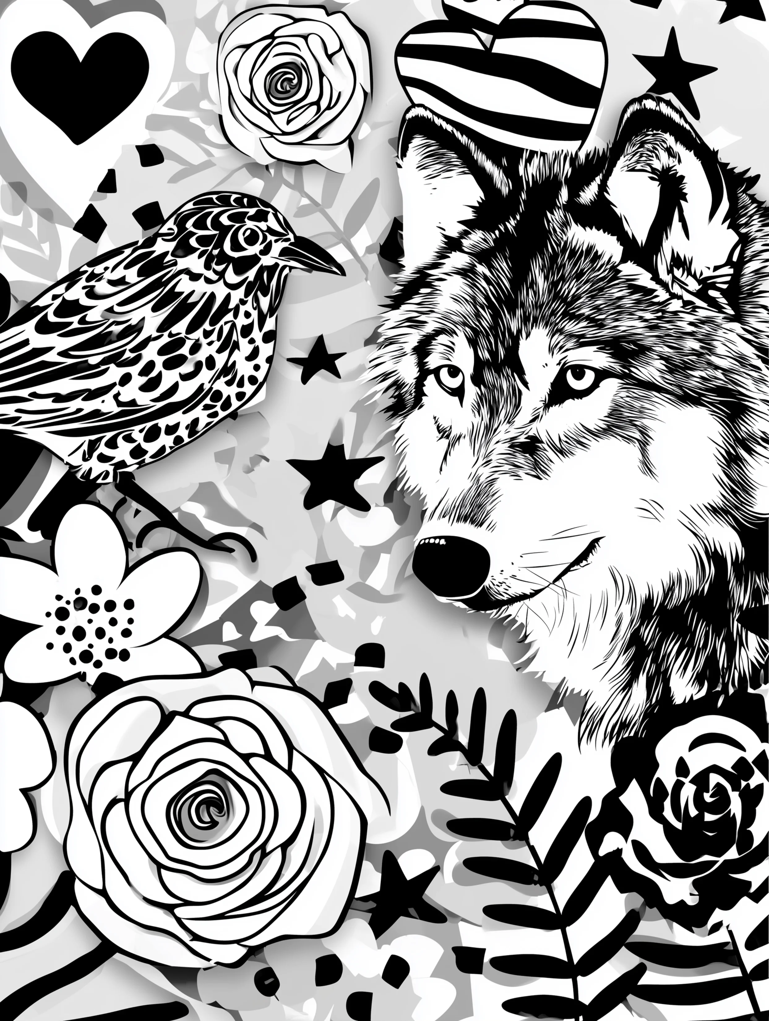 Free printable wolf coloring page for adults featuring a bird walking toward a wolf